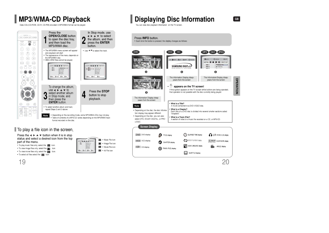 Samsung AH68-01835K MP3/WMA-CD Playback, Displaying Disc Information, Press Info button, Appears on the TV screen 