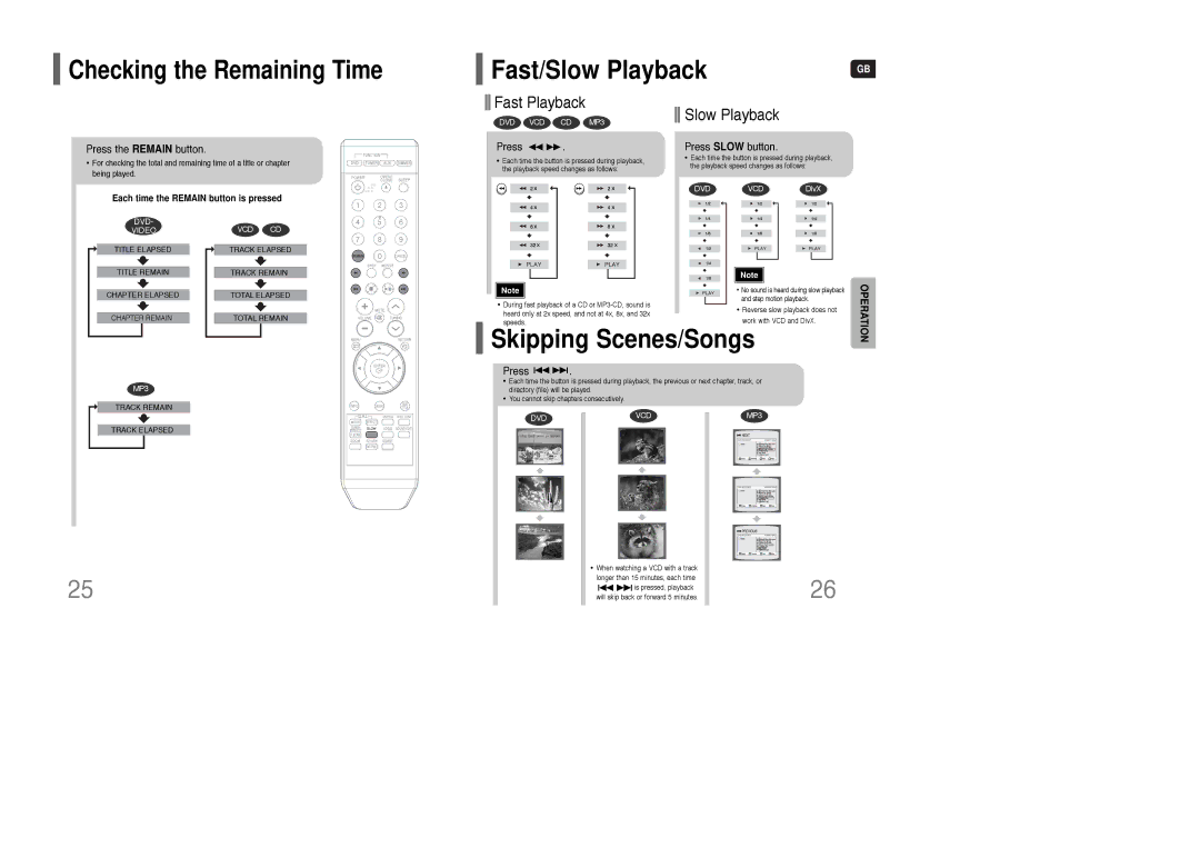 Samsung AH68-01835K instruction manual Fast/Slow Playback, Skipping Scenes/Songs, Checking the Remaining Time 