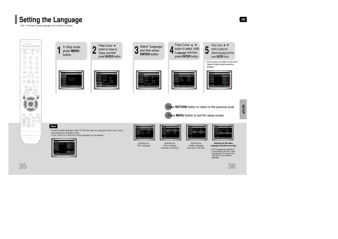 Samsung AH68-01835K Setting the Language, Stop mode Press Menu button, Select ‘Language’ Then press Enter button 