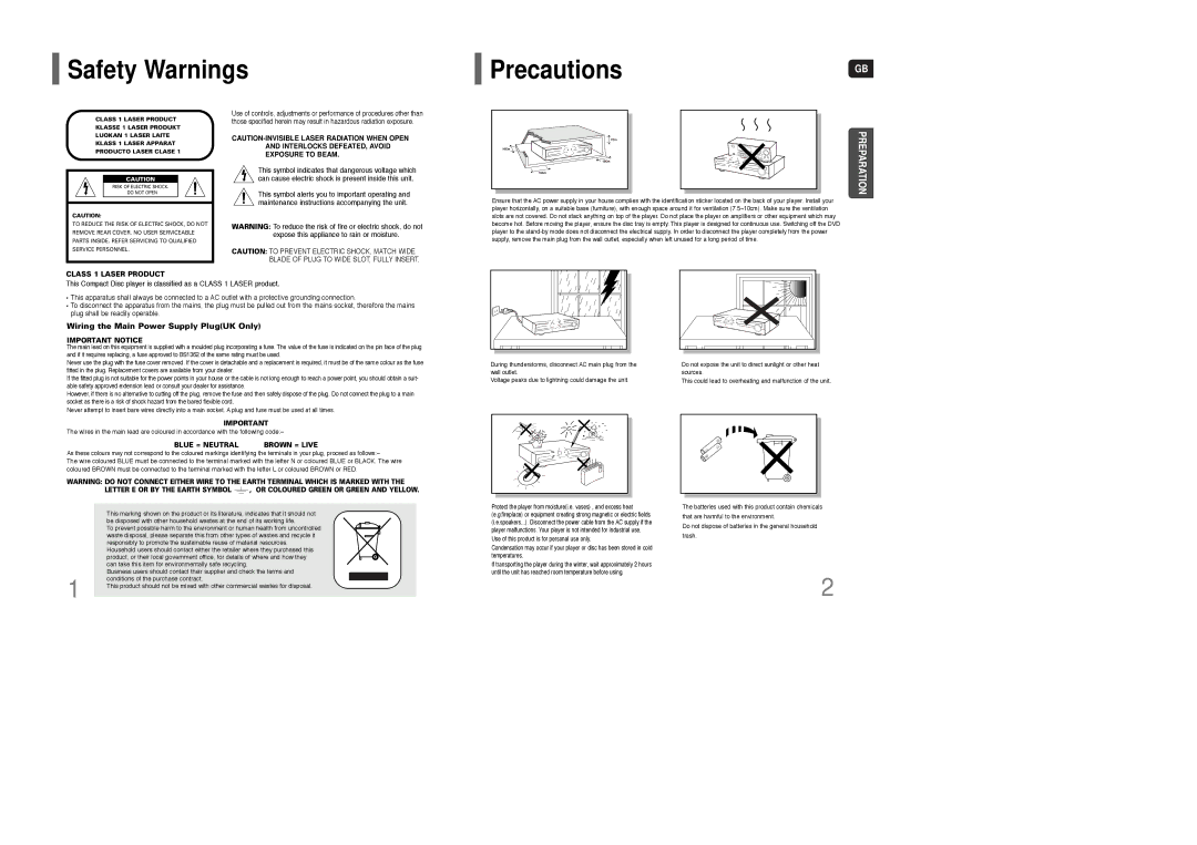 Samsung AH68-01835K instruction manual Safety Warnings PrecautionsGB, Class 1 Laser Product 