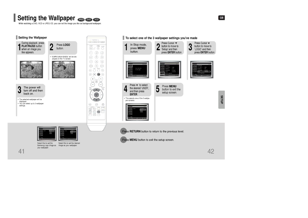 Samsung AH68-01835K Setting the Wallpaper Jpeg DVD VCD, Power will turn off and then back on, Press Logo button 