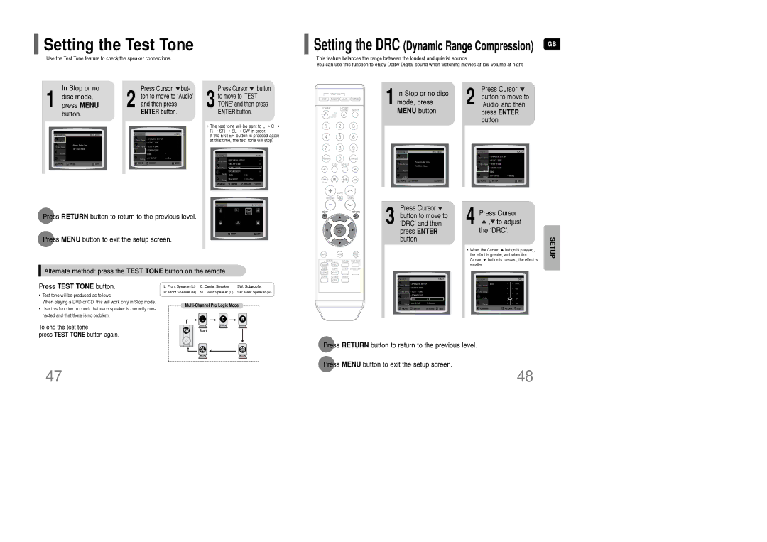 Samsung AH68-01835K instruction manual Setting the Test Tone, Stop or no, Disc mode, Press Menu, Button 