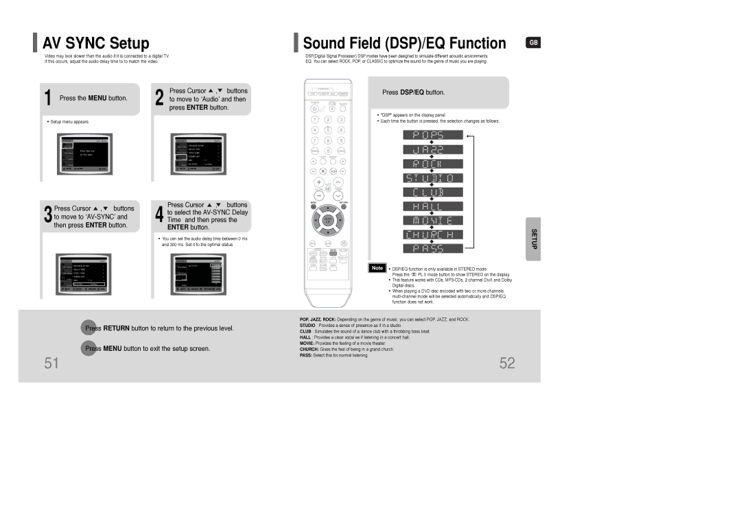 Samsung AH68-01835K AV Sync Setup, Sound Field DSP/EQ Function, Press the Menu button, Press DSP/EQ button 