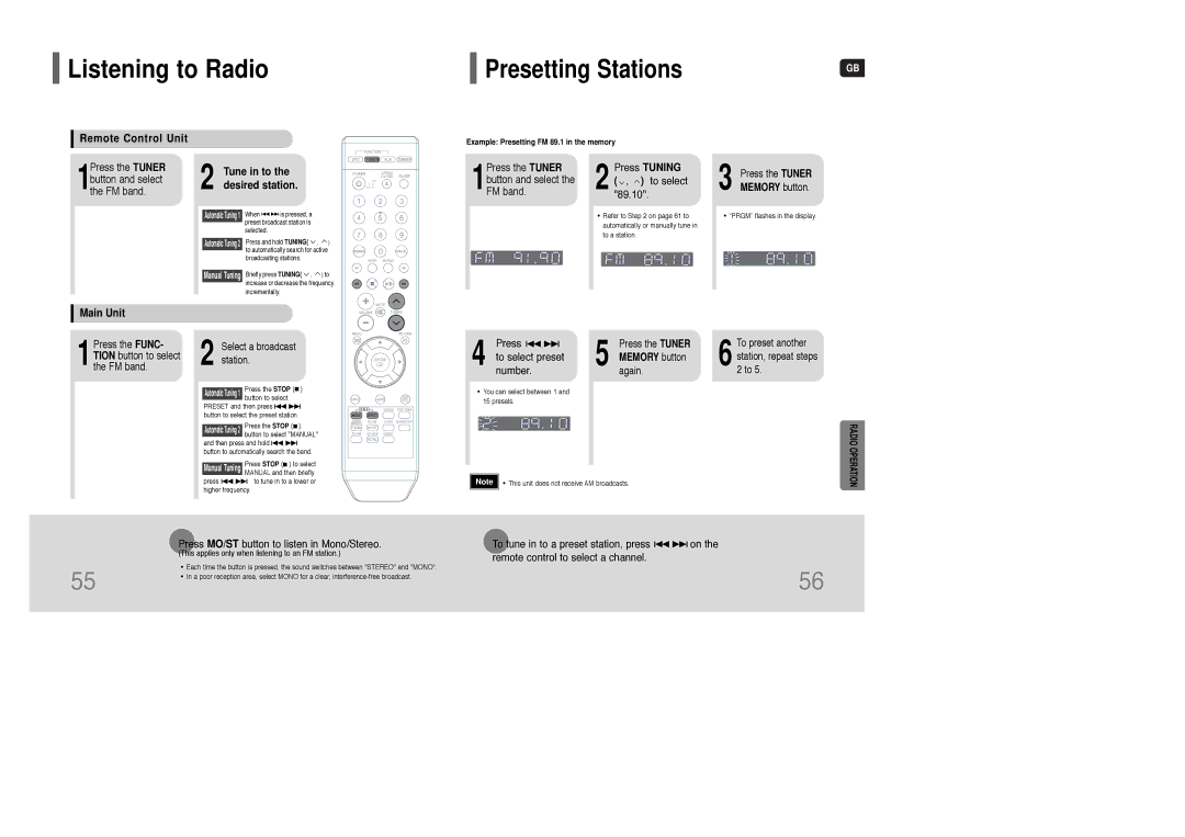 Samsung AH68-01835K Listening to Radio, Presetting Stations, Remote Control Unit, Main Unit Tune in to the desired station 