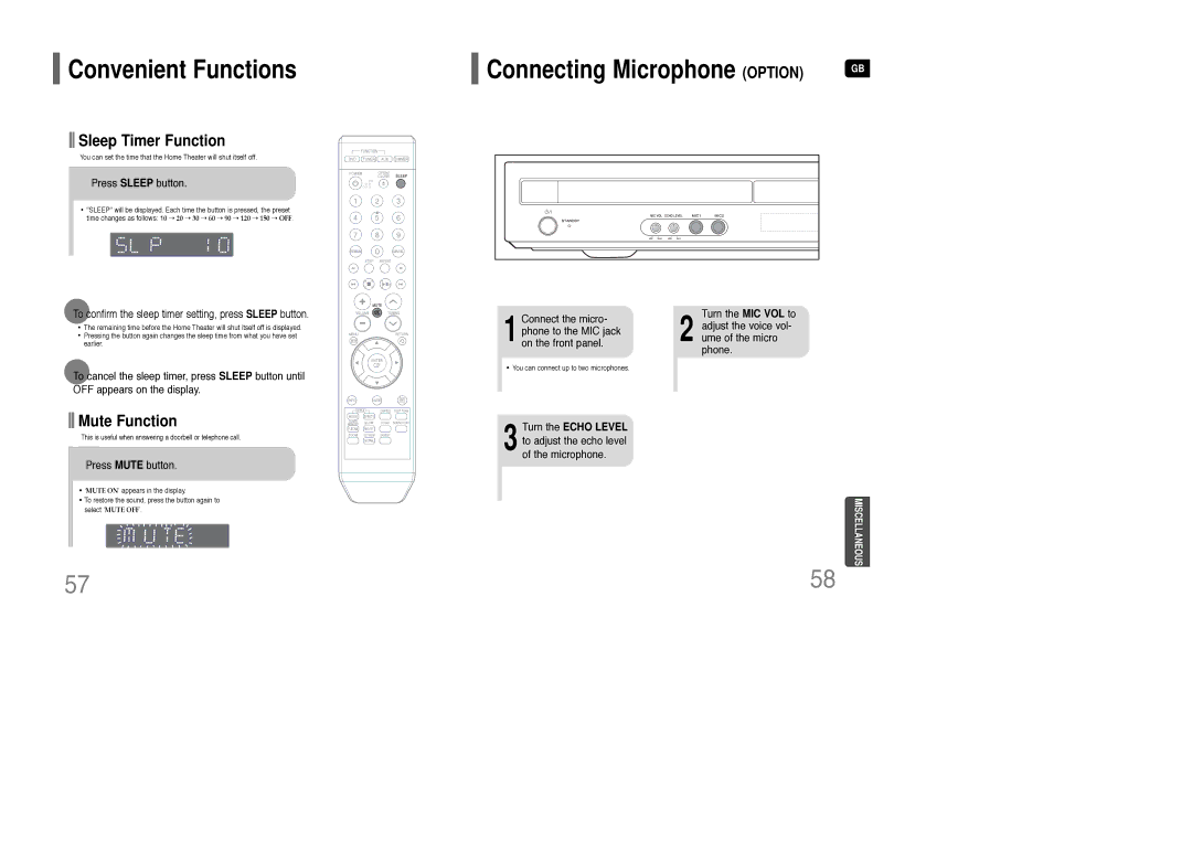 Samsung AH68-01835K instruction manual Convenient Functions, Connecting Microphone Option 