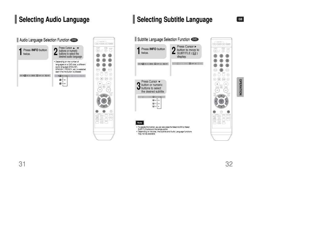 Samsung AH68-01835K Selecting Audio Language, Selecting Subtitle Language, Audio Language Selection Function DVD 
