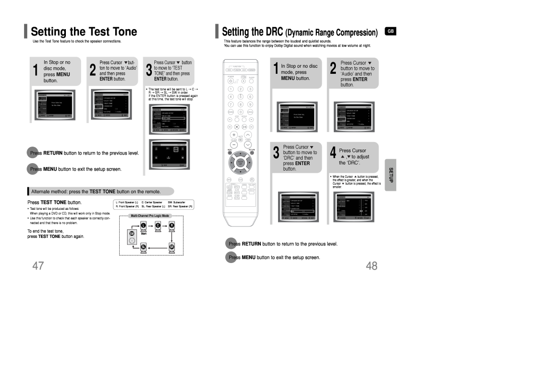 Samsung AH68-01835K instruction manual Setting the Test Tone, In Stop or no, disc mode, press MENU, button, Setup 