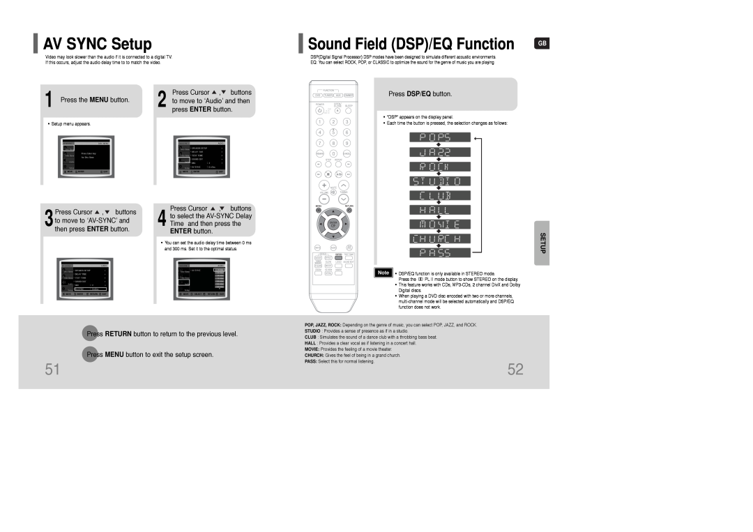 Samsung AH68-01835K AV SYNC Setup, Sound Field DSP/EQ Function, Press the MENU button, Press Cursor ,buttons 
