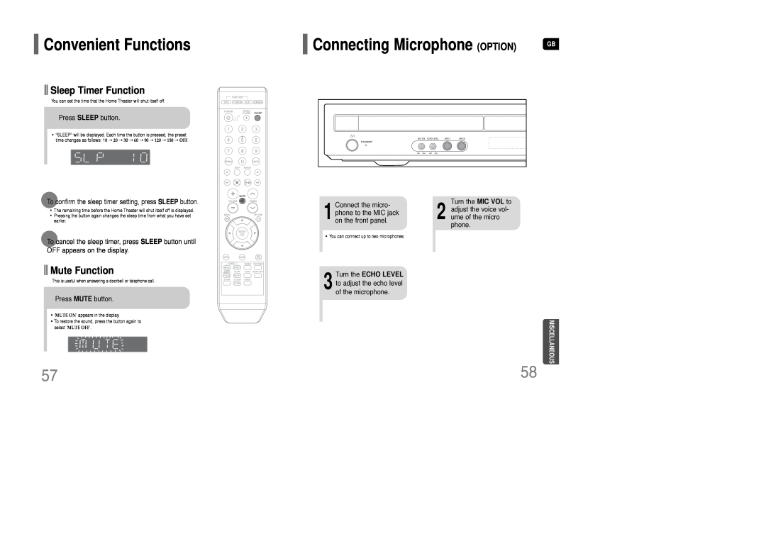 Samsung AH68-01835K Convenient Functions, Connecting Microphone OPTION, Sleep Timer Function, Mute Function, Miscellaneous 
