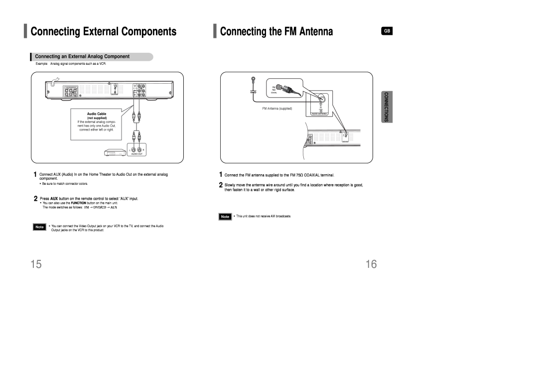 Samsung AH68-01835K Connecting External Components, Connecting an External Analog Component, Connecting the FM Antenna 
