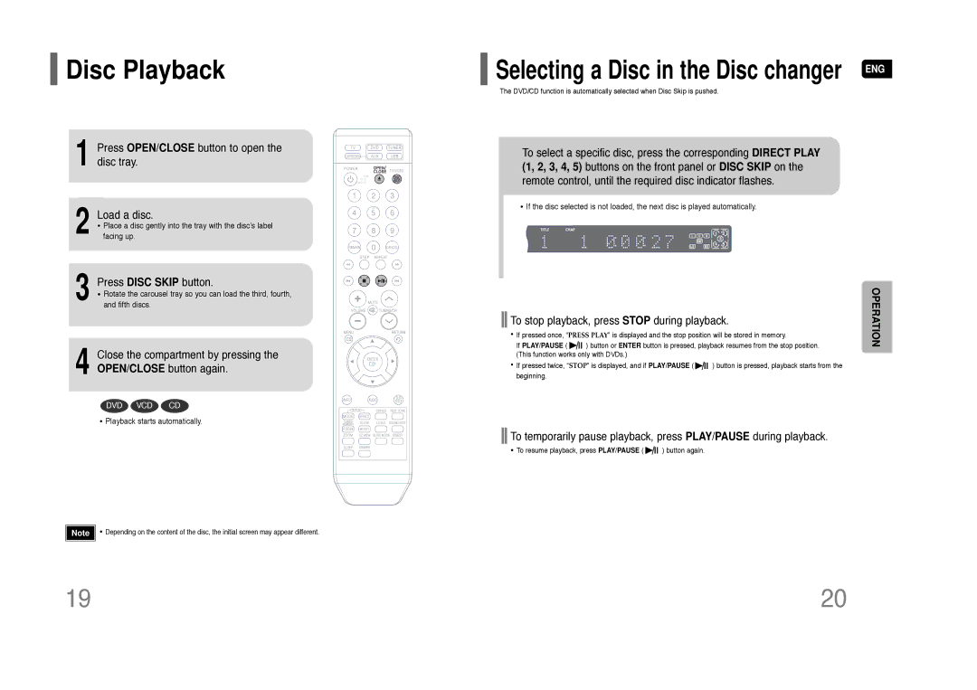 Samsung AH68-01844D Disc Playback, Press OPEN/CLOSE button to open the disc tray Load a disc, Press Disc Skip button 