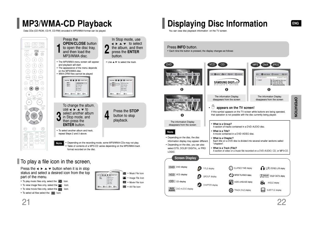 Samsung AH68-01844D instruction manual MP3/WMA-CD Playback, OPEN/CLOSE button 