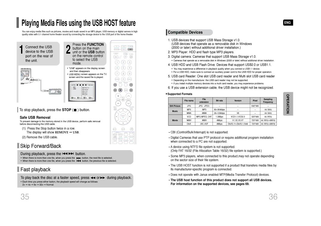 Samsung AH68-01844D instruction manual To stop playback, press the Stop button, Safe USB Removal 