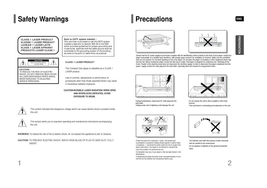 Samsung AH68-01844D instruction manual Safety Warnings PrecautionsENG, Class 1 Laser Product 