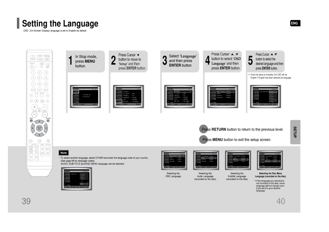 Samsung AH68-01844D instruction manual Setting the Language, Stop mode, Select ‘ Language’, Then press, Enter button 