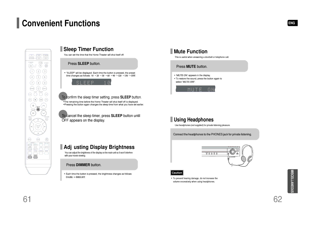 Samsung AH68-01844D instruction manual Convenient Functions, Press Sleep button, Press Dimmer button, Press Mute button 