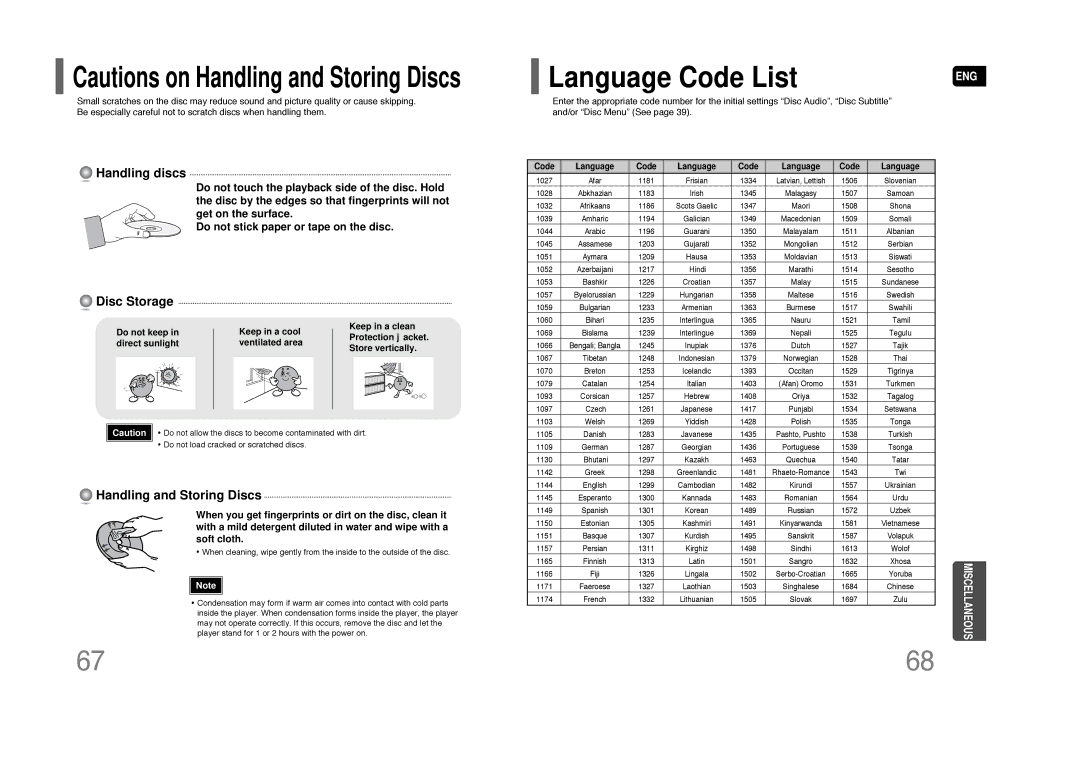 Samsung AH68-01844D instruction manual Language Code List, Disc Storage 