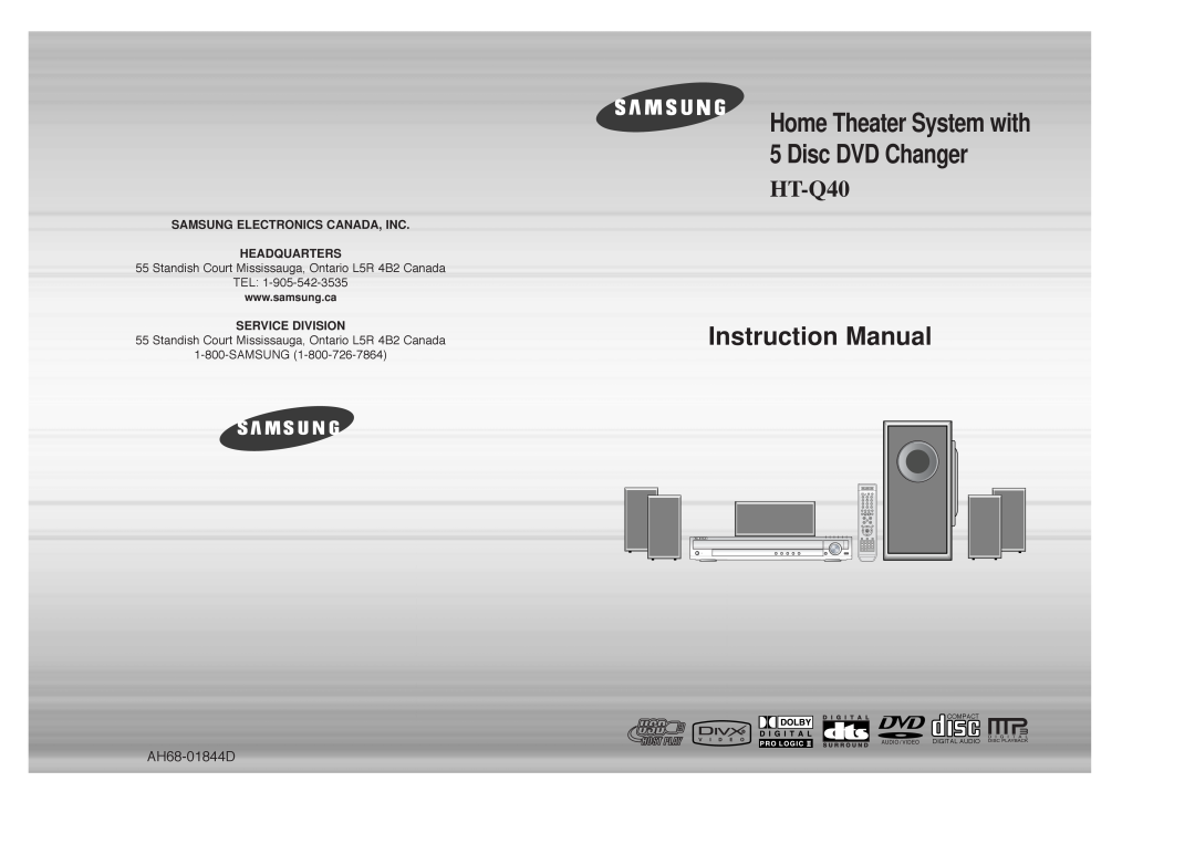 Samsung AH68-01844D instruction manual HT-Q40, Home Theater System with 5 Disc DVD Changer, Tel, Service Division 