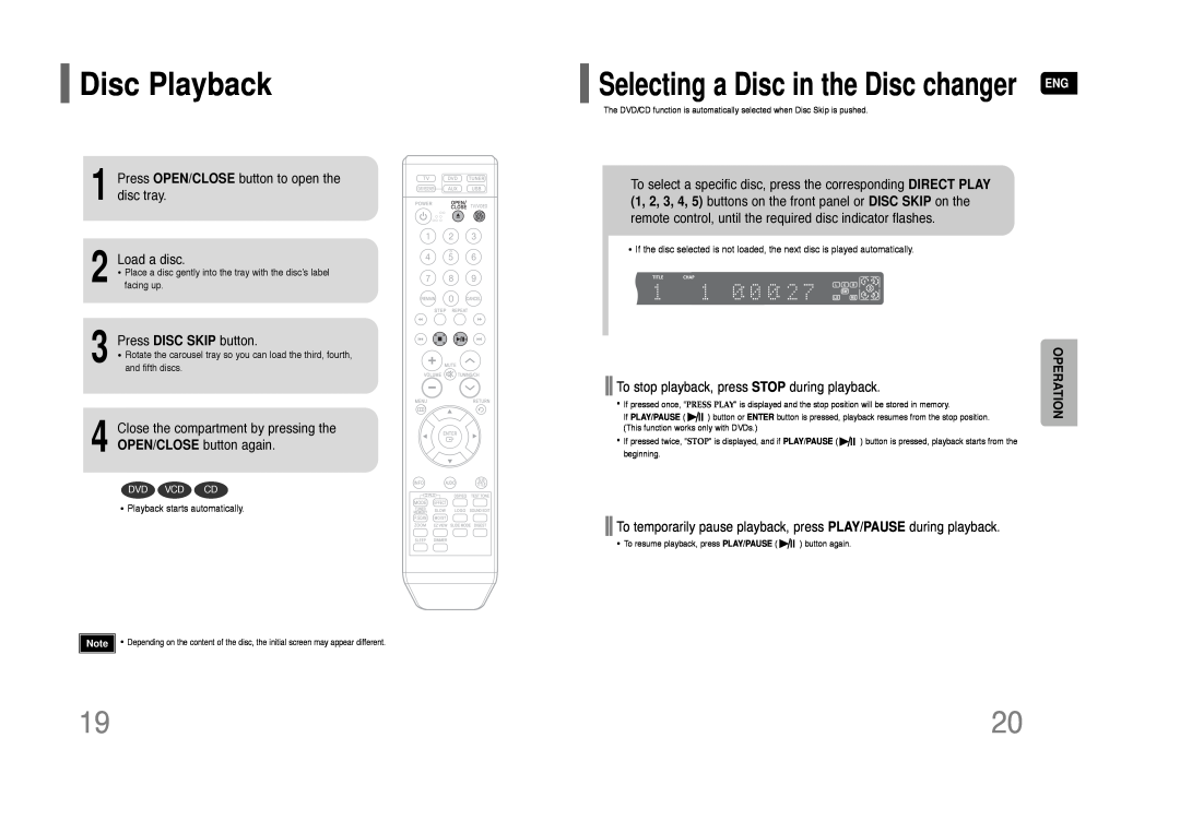 Samsung AH68-01844D instruction manual Disc Playback, Operation, Selecting a Disc in the Disc changer 