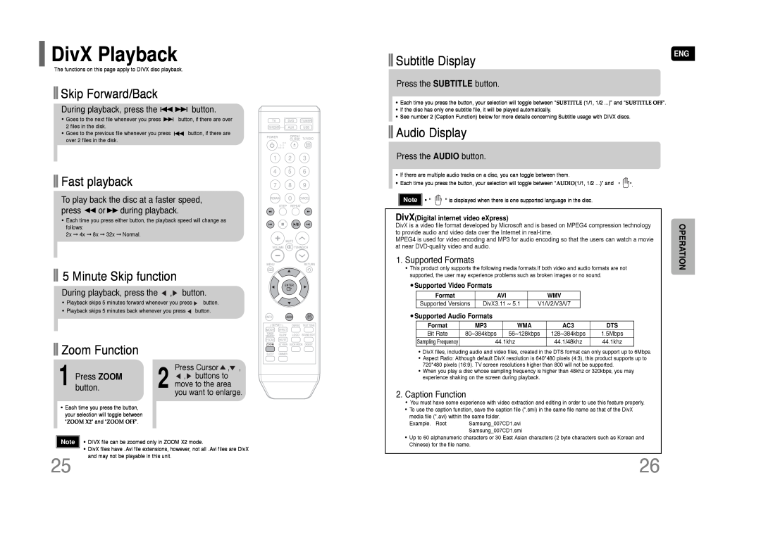 Samsung AH68-01844D DivX Playback, Skip Forward/Back, Fast playback, Minute Skip function, Subtitle Display, Audio Display 