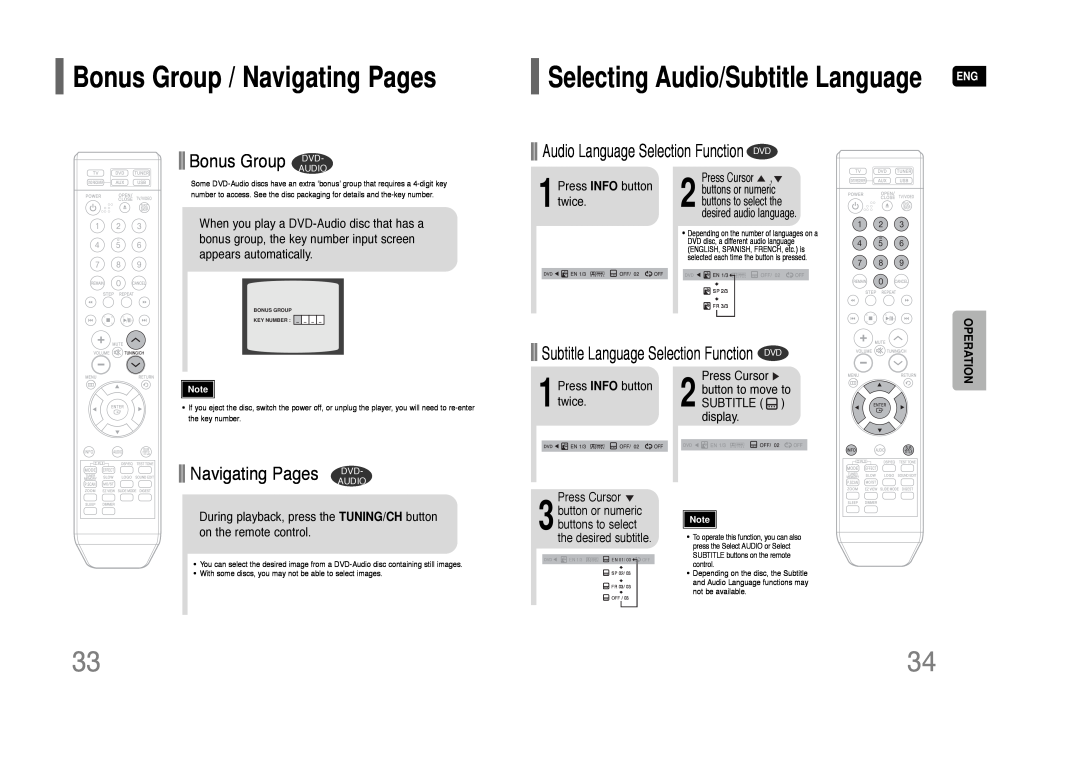 Samsung AH68-01844D Bonus Group / Navigating Pages, Bonus Group DVD, Navigating Pages DVD, 1Press INFO button twice, Audio 