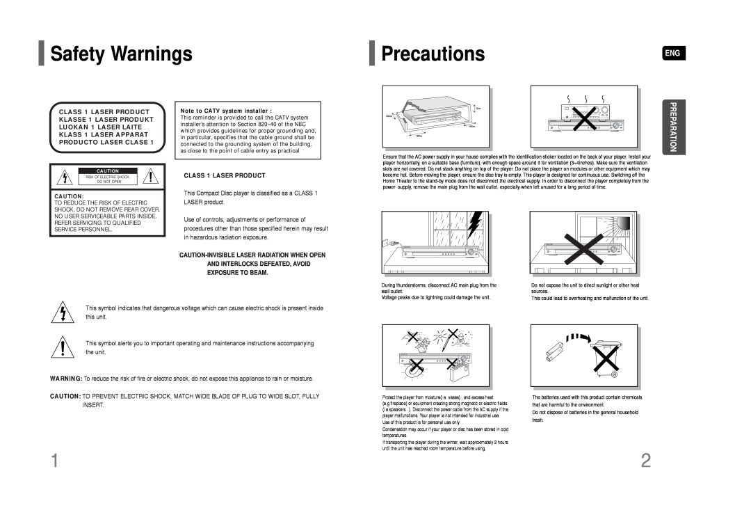 Samsung AH68-01844D instruction manual Safety Warnings, PrecautionsENG, Preparation, CLASS 1 LASER PRODUCT 