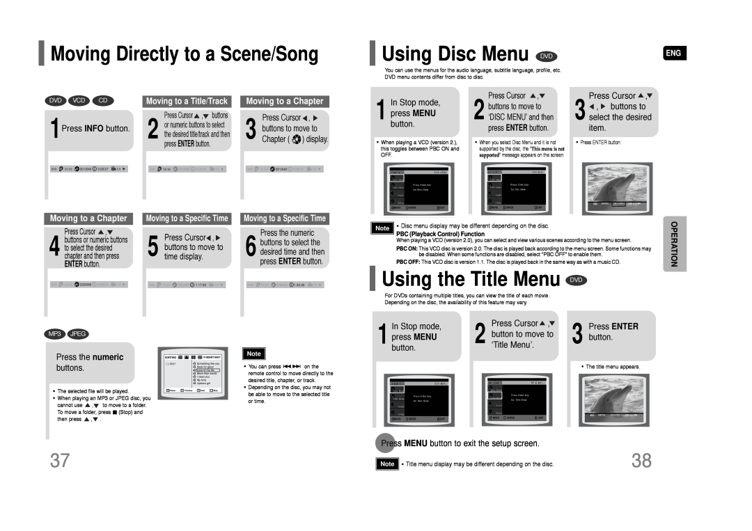 Samsung AH68-01844D Using Disc Menu, Using the Title Menu DVD, Moving Directly to a Scene/Song, Moving to a Chapter 