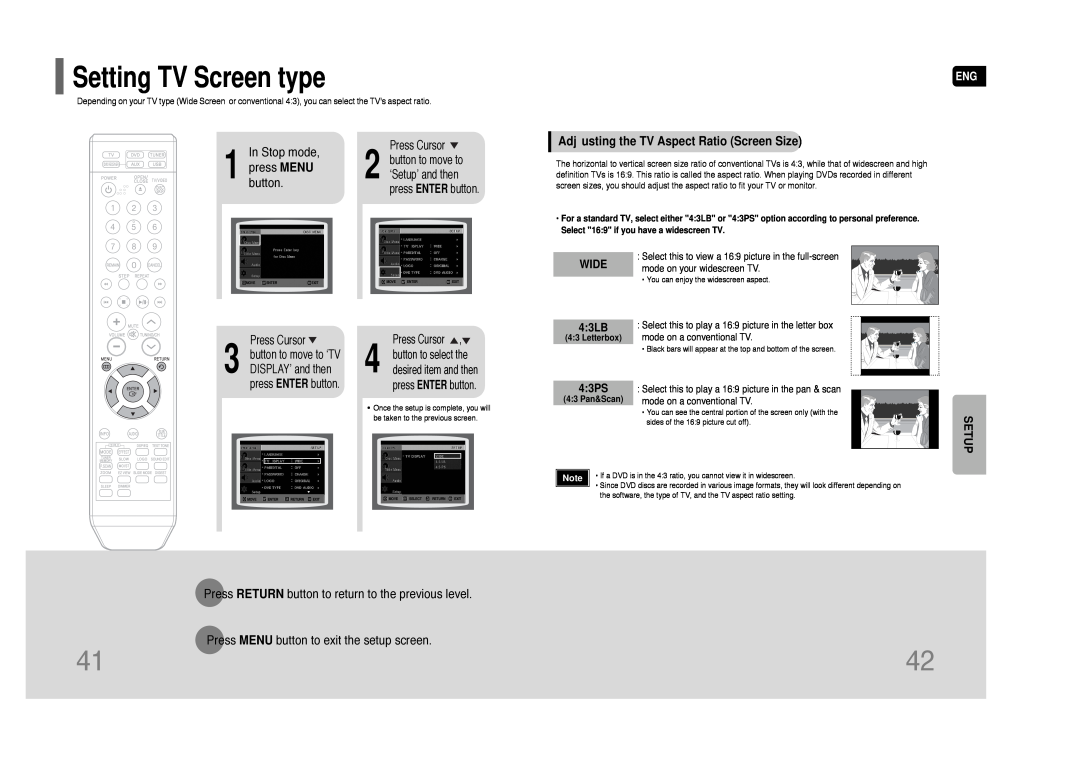 Samsung AH68-01844D Setting TV Screen type, Adjusting the TV Aspect Ratio Screen Size, WIDE 4 3LB, 4 3PS, In Stop mode 