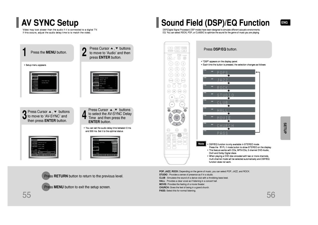 Samsung AH68-01844D instruction manual AV SYNC Setup, Sound Field DSP/EQ Function 