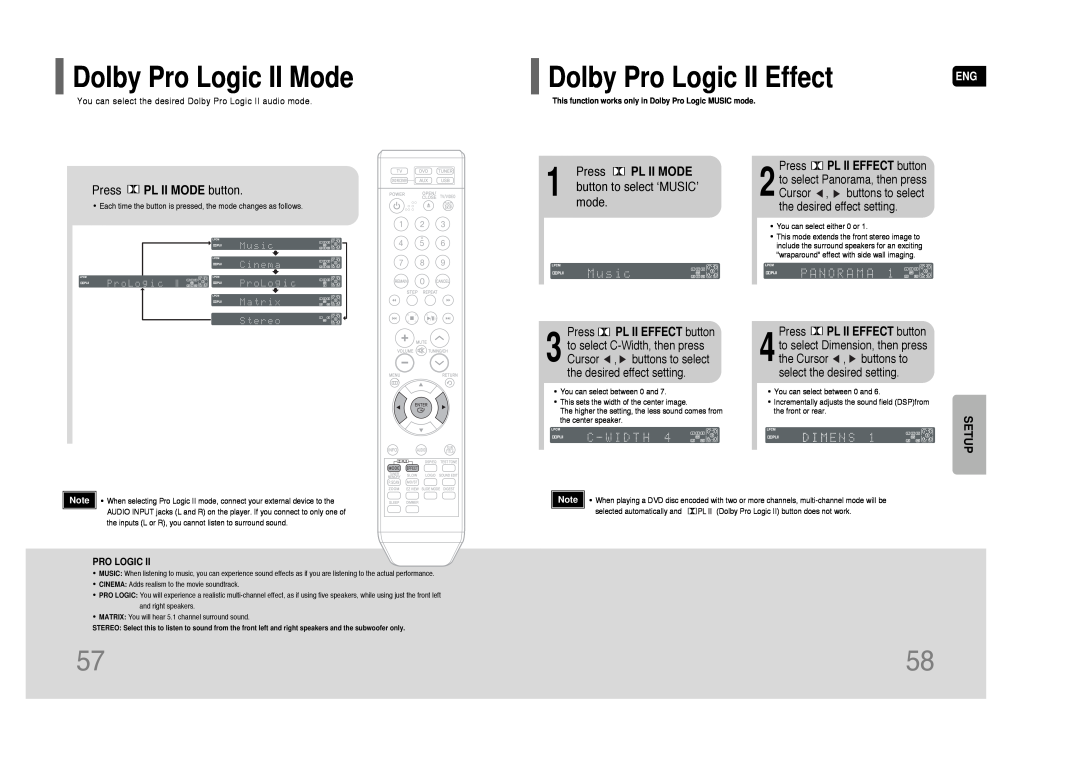 Samsung AH68-01844D Dolby Pro Logic II Mode, Dolby Pro Logic II Effect, Press PL II MODE button, button to select ‘MUSIC’ 