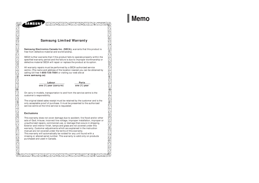 Samsung AH68-01844D instruction manual Memo, Samsung Limited Warranty, Exclusions, Labour, Parts, one 1 year carry-in 