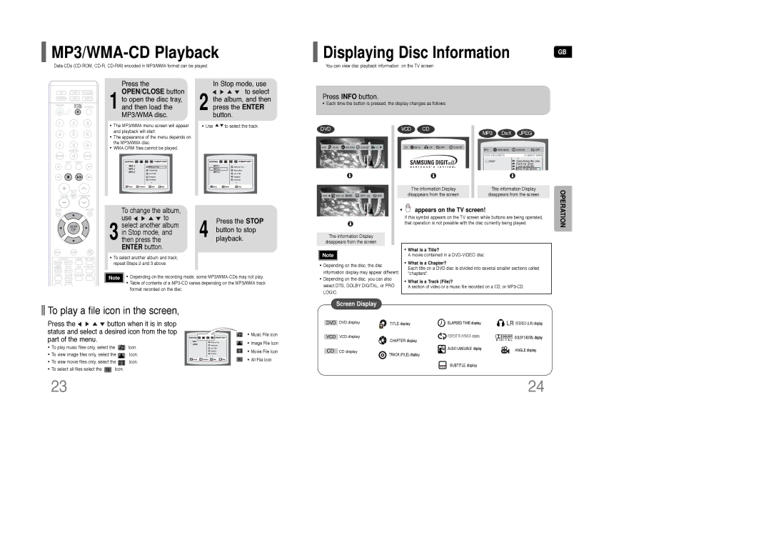 Samsung AH68-01850K instruction manual MP3/WMA-CD Playback, Press Info button, Appears on the TV screen 