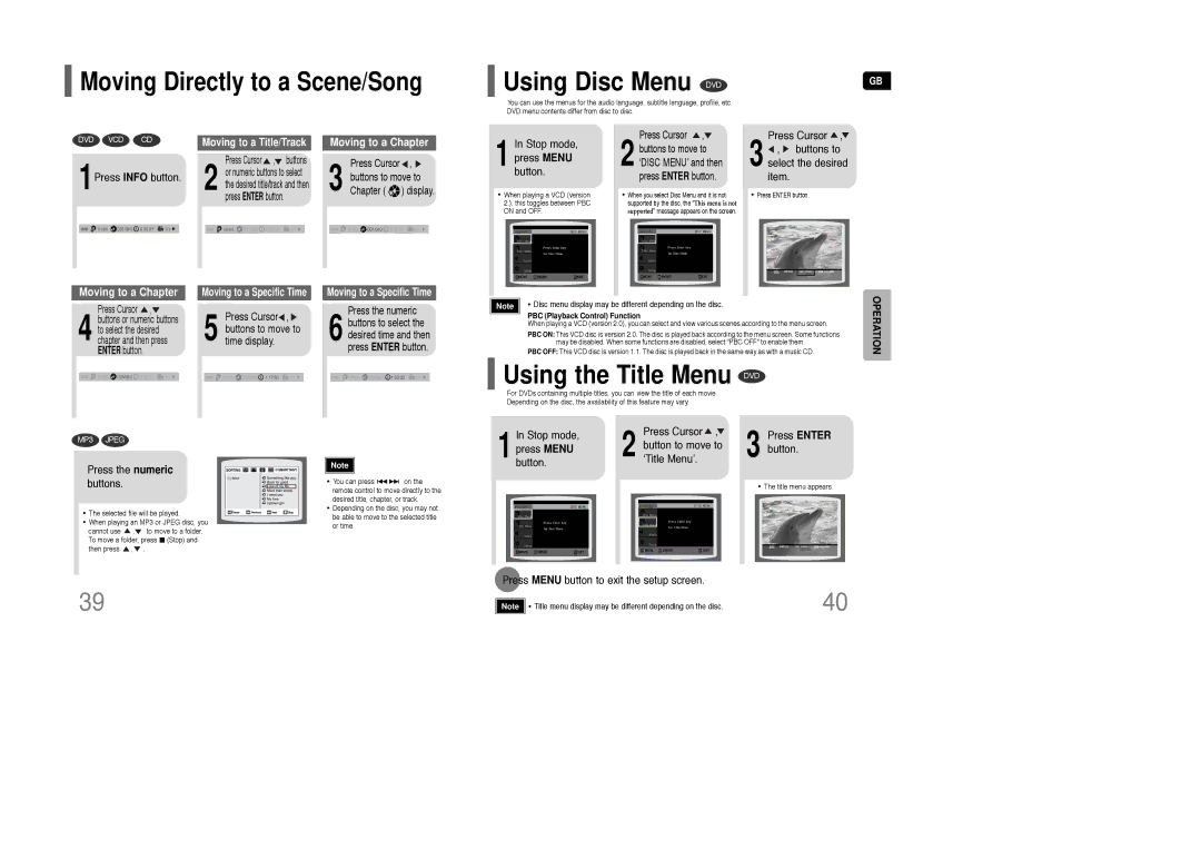 Samsung AH68-01850K instruction manual Using the Title Menu DVD, Moving Directly to a Scene/Song 