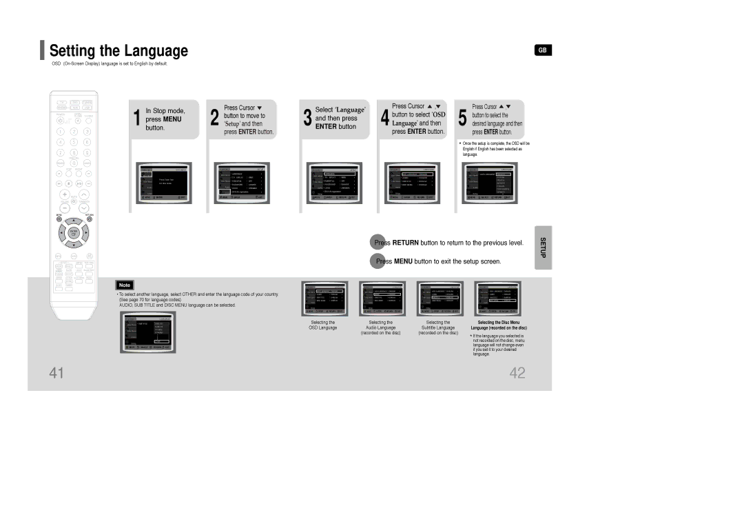 Samsung AH68-01850K Setting the Language, Stop mode Press Menu button, Select ‘Language’ Then press Enter button 