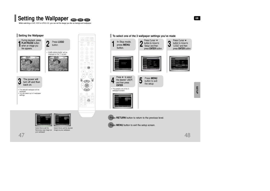 Samsung AH68-01850K Setting the Wallpaper Jpeg DVD VCD, Power will turn off and then back on, Press Logo button 