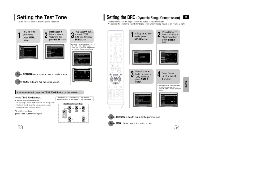 Samsung AH68-01850K instruction manual Setting the Test Tone, Stop or no, Disc mode, Press Menu, Button 