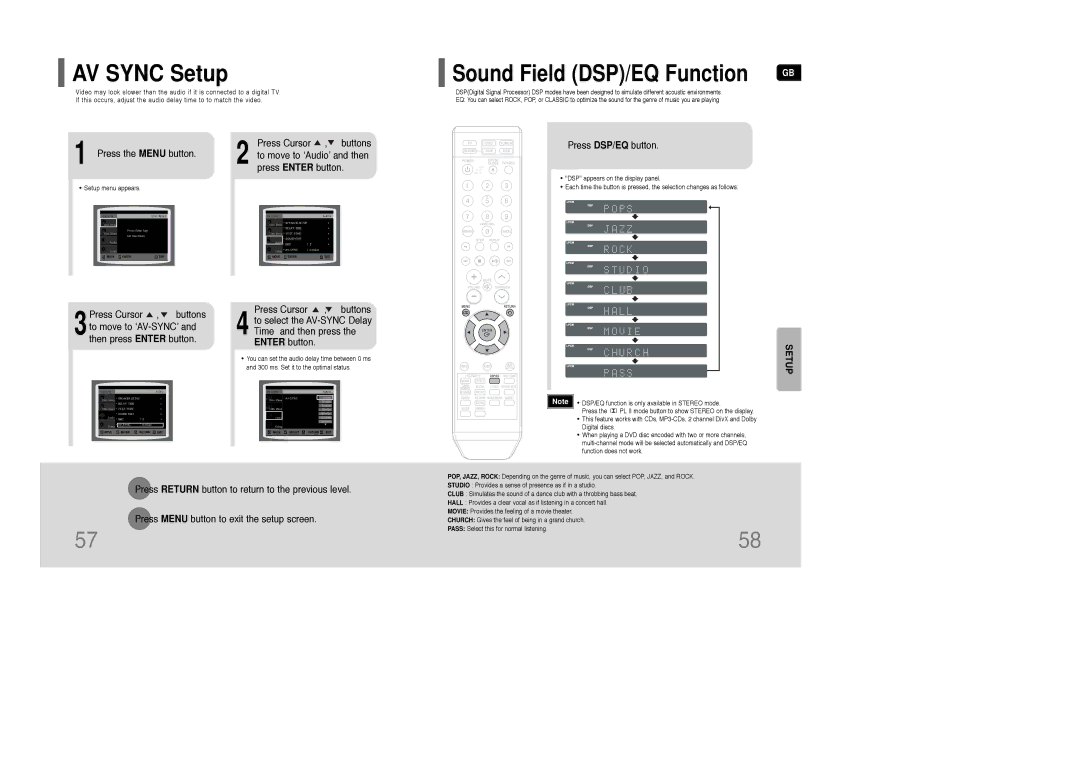 Samsung AH68-01850K instruction manual AV Sync Setup, Press the Menu button, Press DSP/EQ button 