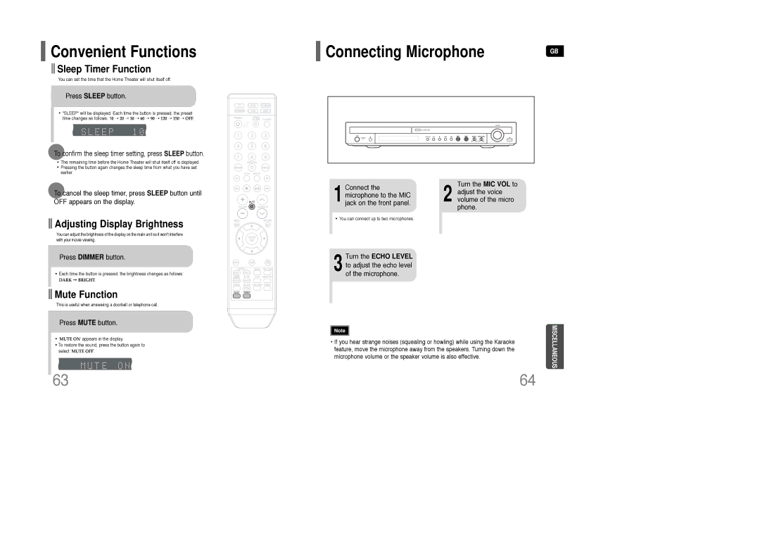 Samsung AH68-01850K Convenient Functions, Sleep Timer Function, Adjusting Display Brightness, Mute Function 