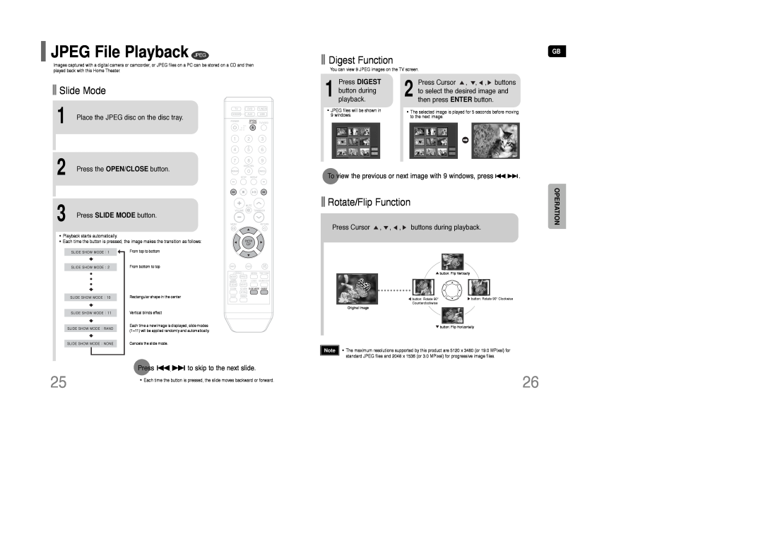 Samsung AH68-01850K instruction manual JPEG File Playback, Digest Function, Slide Mode, Rotate/Flip Function, Operation 