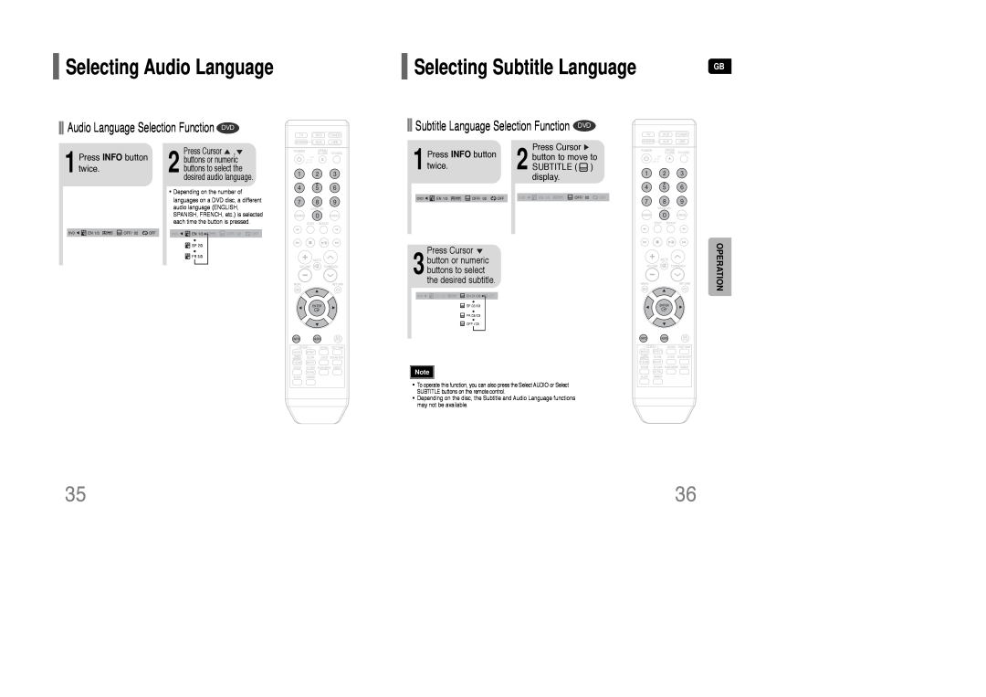 Samsung AH68-01850K Selecting Audio Language, Selecting Subtitle Language, buttons to select the desired subtitle 