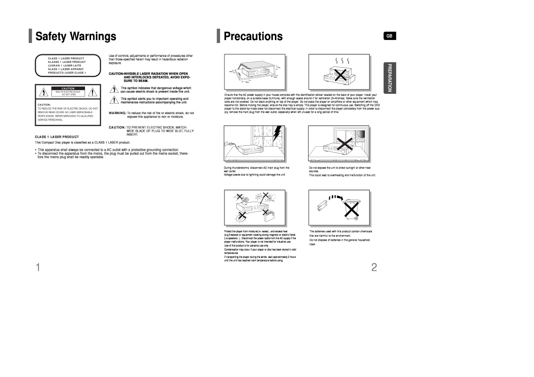 Samsung AH68-01850K instruction manual Safety Warnings, PrecautionsGB, Preparation 