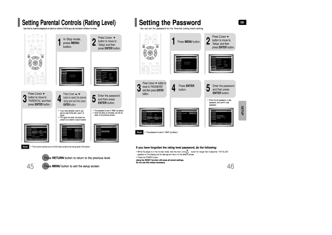 Samsung AH68-01850K Setting the Password, Setting Parental Controls Rating Level, Stop mode, Press MENU button, Setup 