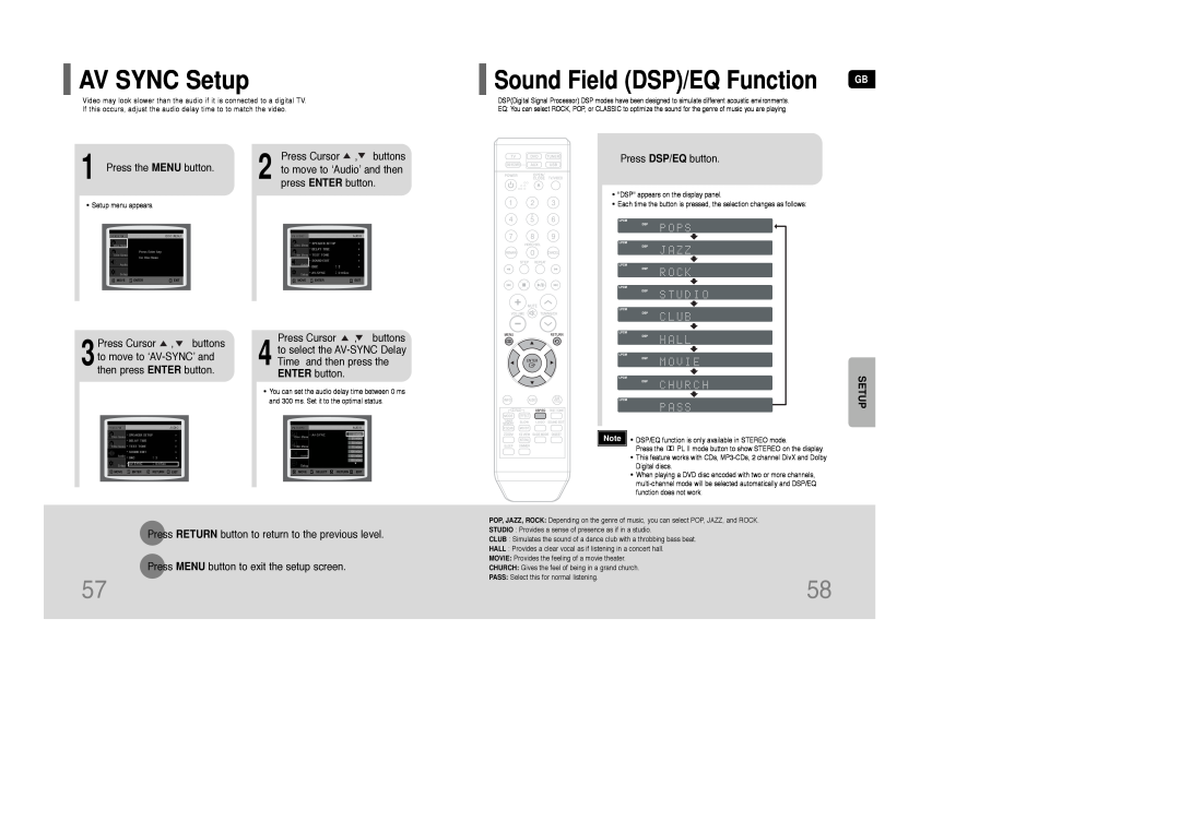 Samsung AH68-01850K AV SYNC Setup, Sound Field DSP/EQ Function, Press the MENU button, Press Cursor ,buttons 