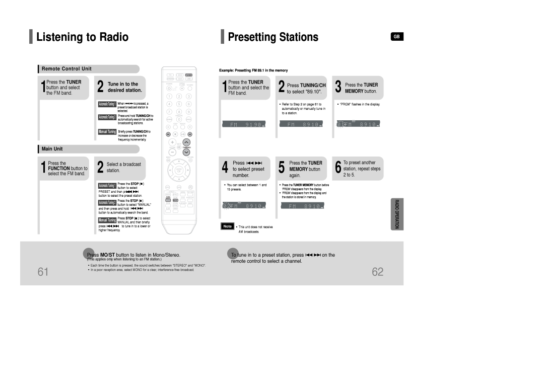 Samsung AH68-01850K Listening to Radio, Presetting Stations, Radio Operation, Remote Control Unit, Press TUNING/CH, again 