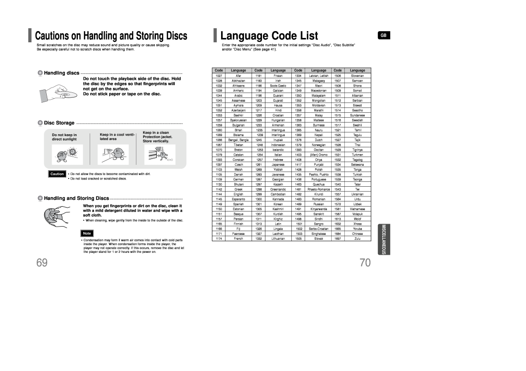 Samsung AH68-01850K Language Code List, Cautions on Handling and Storing Discs, Handling discs, Disc Storage 