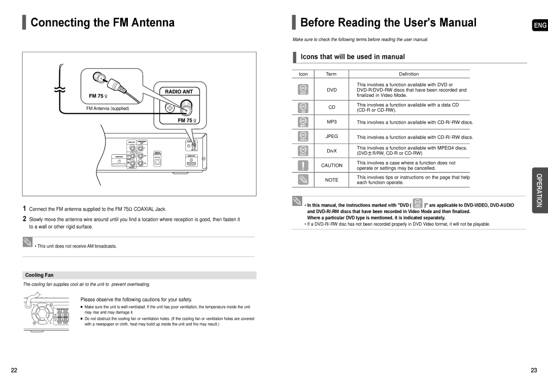 Samsung AH68-01957C instruction manual Connecting the FM Antenna, Icons that will be used in manual, Cooling Fan 