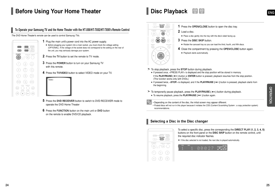 Samsung AH68-01957C Before Using Your Home Theater, Disc Playback DVD CD, Selecting a Disc in the Disc changer 