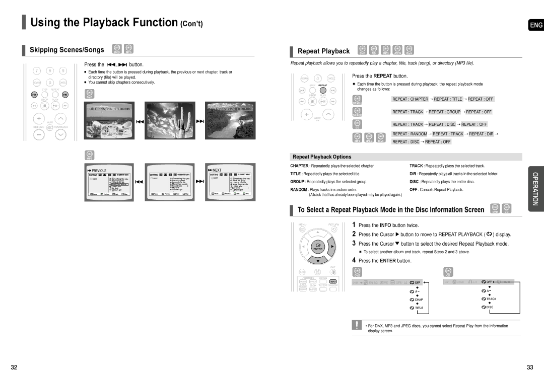 Samsung AH68-01957C Using the Playback Function Con’t, Skipping Scenes/Songs DVD MP3, Repeat Playback Options 