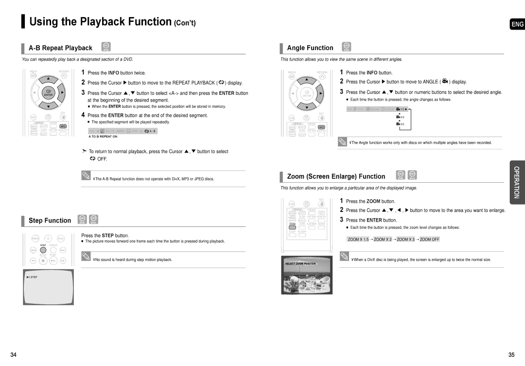 Samsung AH68-01957C instruction manual Repeat Playback DVD, Step Function DVD DivX, Angle Function 