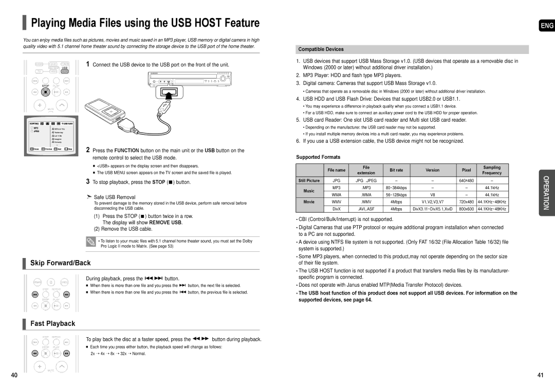 Samsung AH68-01957C To stop playback, press the Stop button Safe USB Removal, Remove the USB cable, Compatible Devices 